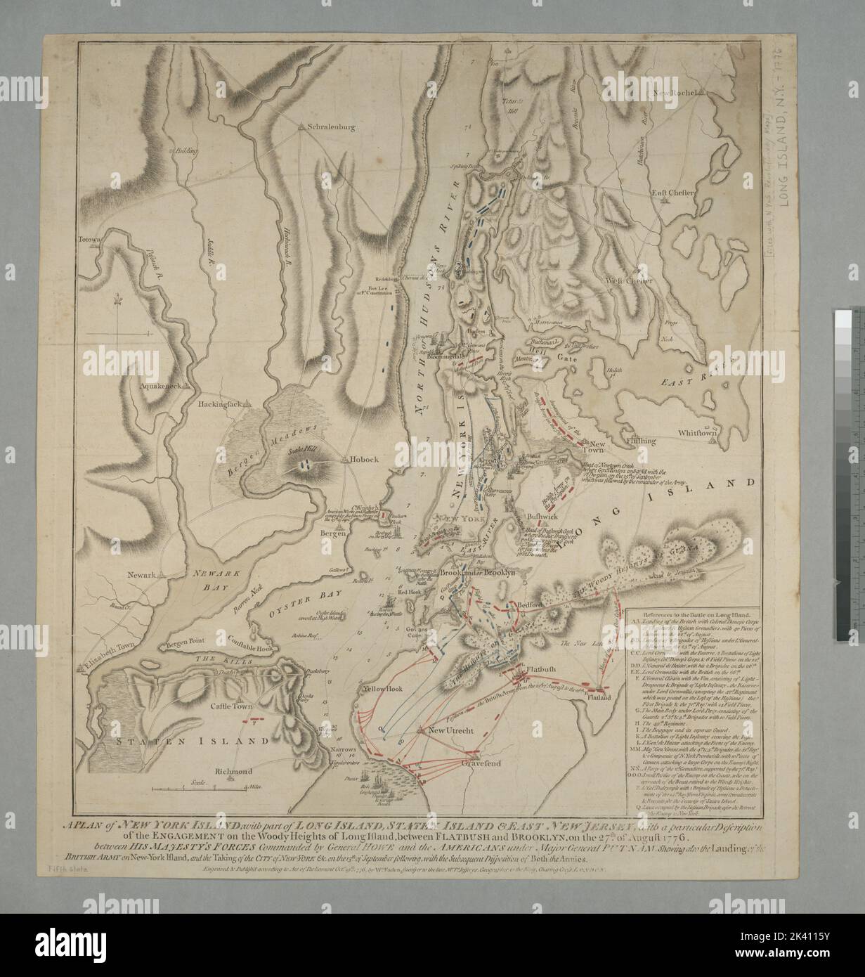 Ein Plan von New York Island, mit einem Teil von Long Island, Staten Island und East New Jersey: Mit einer besonderen Beschreibung des Engagements auf den waldreichen Höhen von Long Island, zwischen Flatbush und Brooklyn, am 27.. August 1776 zwischen den Streitkräften seiner Majestät unter dem Kommando von General Howe und den Amerikanern unter Major General Putnam, die auch die Landung der britischen Armee auf New York Island zeigten, Und die Einnahme der Stadt New-York &c. am 15.. September folgenden, mit der nachfolgenden Anordnung der beiden Armeen kartografisch. Karten. 1776-10-19. Lionel Pincus und Prinzessin Firyal Karte Divis Stockfoto