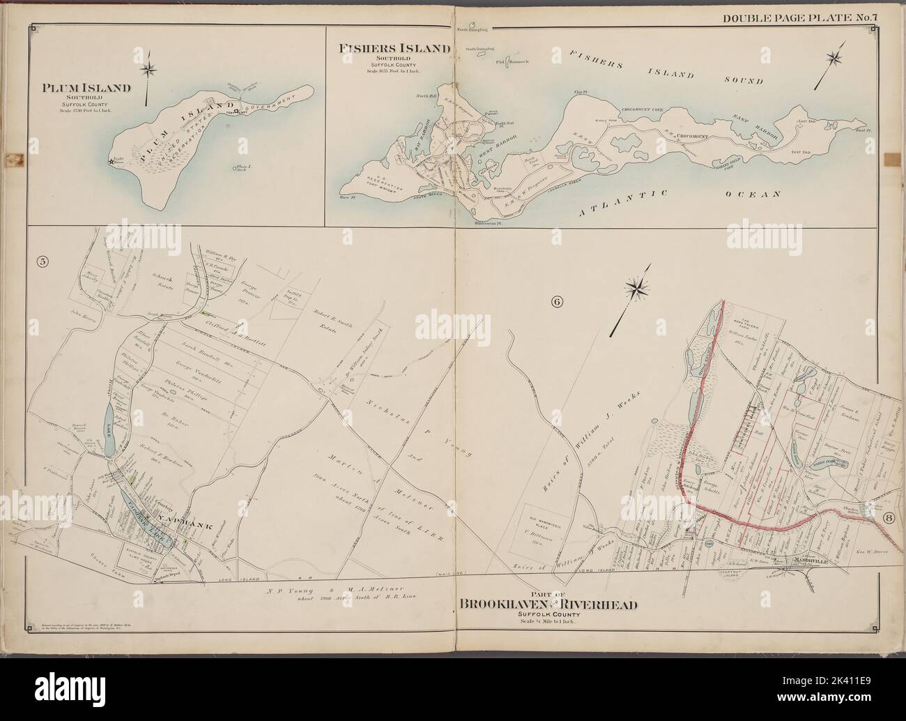 Suffolk County, V. 2, Double Page Plate No. 7 Karte begrenzt durch Plum Island, Yaphank kartografisch. Atlanten, Karten. 1902 - 1909. Lionel Pincus und Princess Firyal Map Division. Suffolk County (New York) Stockfoto