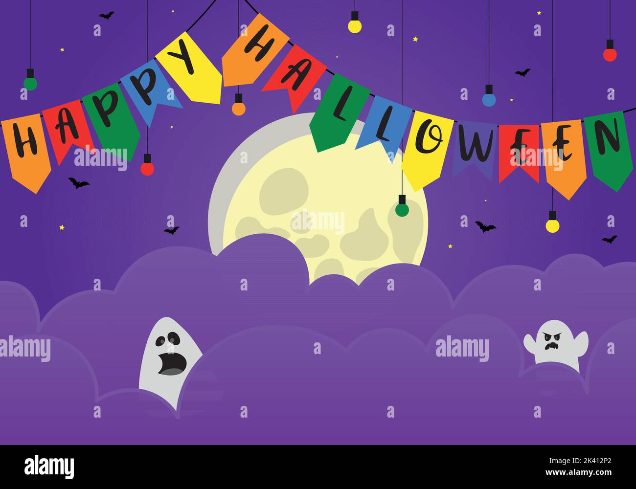 Frohe halloween Grußkarte mit Fahnen und Mond Stock Vektor