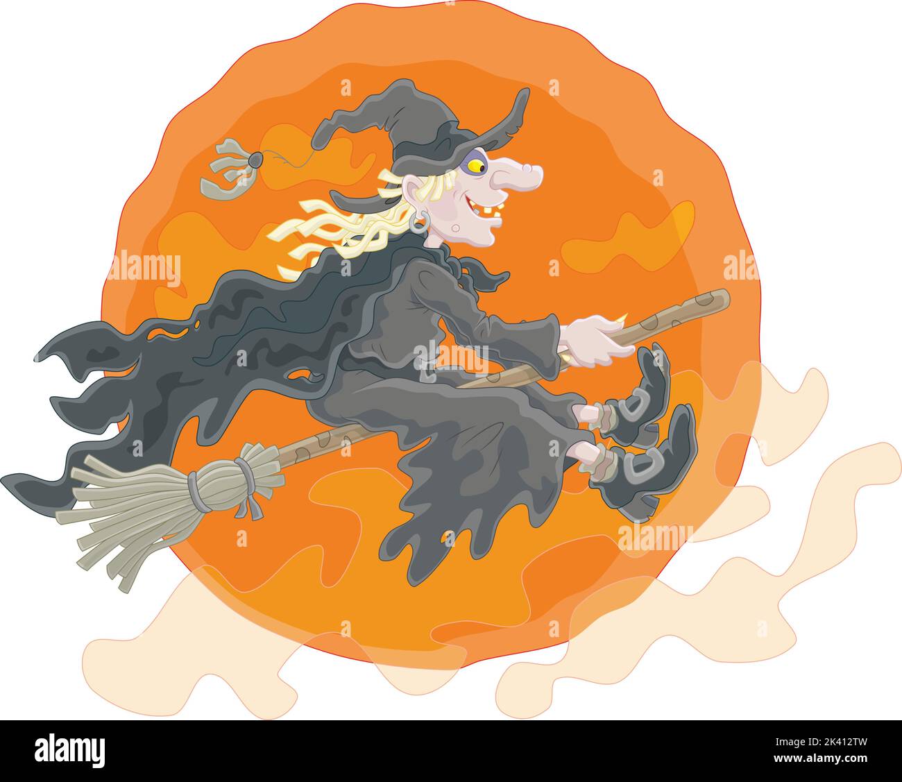 The All Hallows' Eve Night, eine Zauberin in Schwarz, die auf ihrem Besen fliegt, Vektorgrafik in Karikatur Stock Vektor