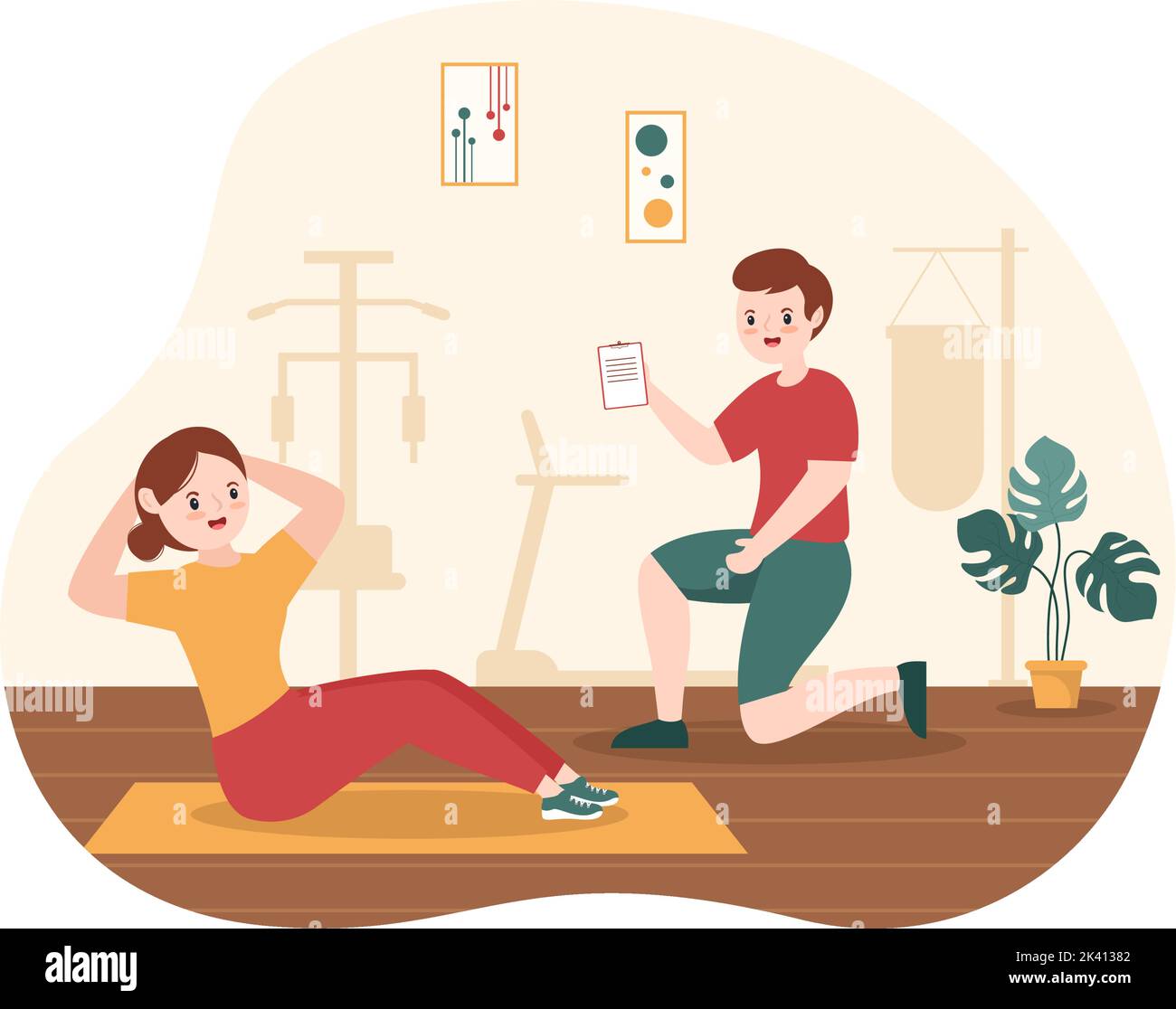 Persönliche Trainer oder Sportlehrer Handgezeichnete Cartoon Flat Illustration Template mit Working Helping Stretch, Fitness und korrekte Haltung Stock Vektor