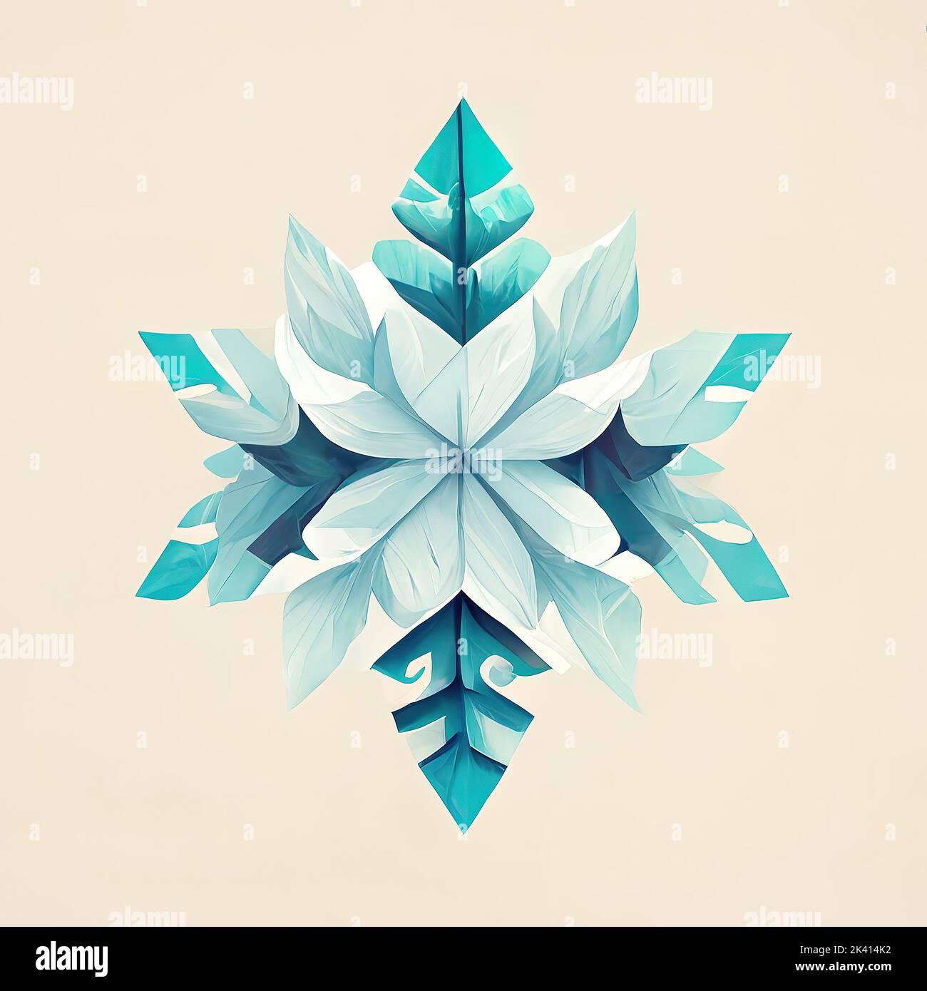 Stilisierte Schneeflocke ist auf einem isolierten Hintergrund gezeichnet. Kunstvoll gezeichnete Schneeflocke auf hellem Hintergrund. Digitale Illustration. Stockfoto