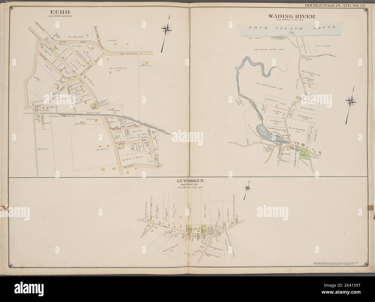 Suffolk County, V. 2, Doppelseitenplatte Nr. 23 Karte begrenzt durch Egho, Wading River, Cutgiogue kartografisch. Atlanten, Karten. 1902 - 1909. Lionel Pincus und Princess Firyal Map Division. Suffolk County (New York) Stockfoto
