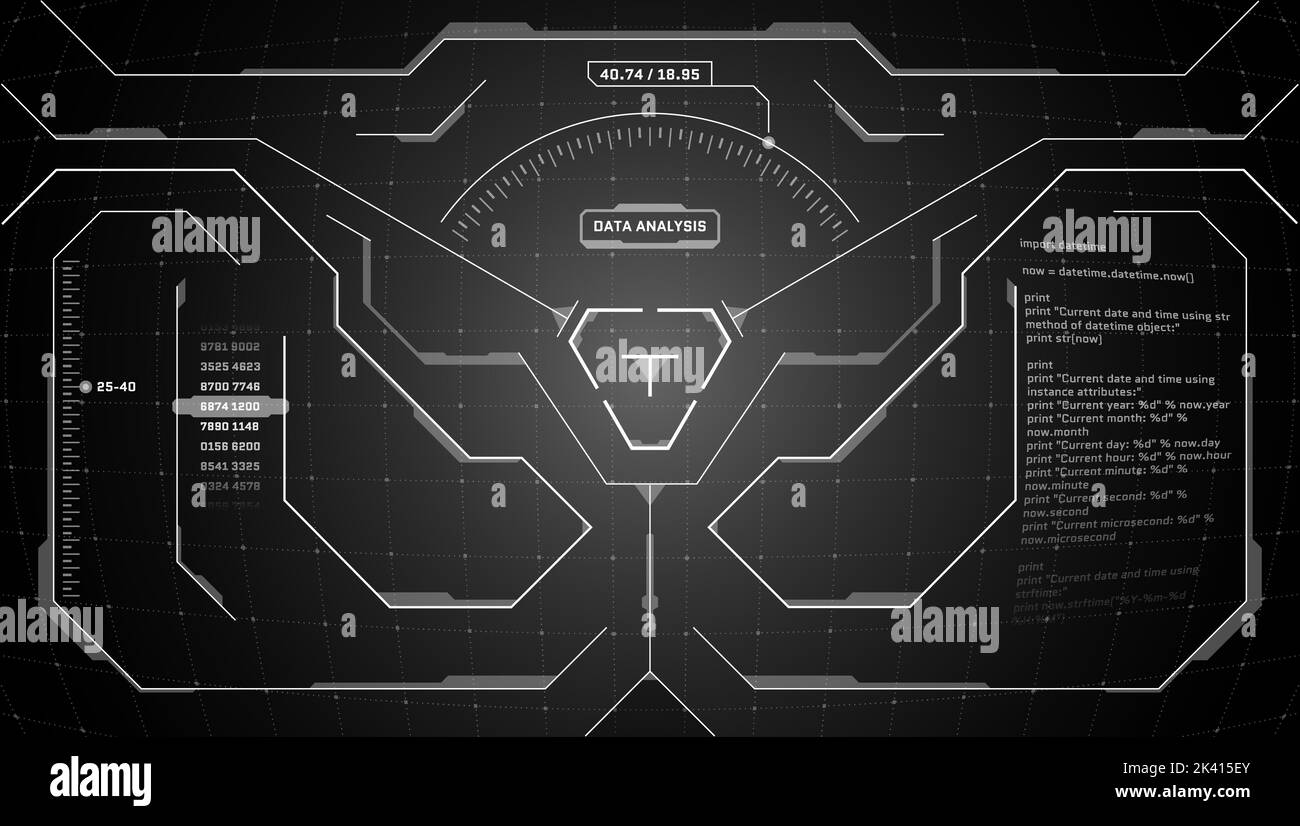 VR HUD digitale futuristische Schnittstelle Cyberpunk Bildschirmdesign. Sci-Fi Virtual Reality Technologie Ansicht Head-up-Display. GUI UI-Technologie schwarzes Dashboard-Panel. VISIER DES BINOKULAREN Sucher. Vektor-eps Stock Vektor