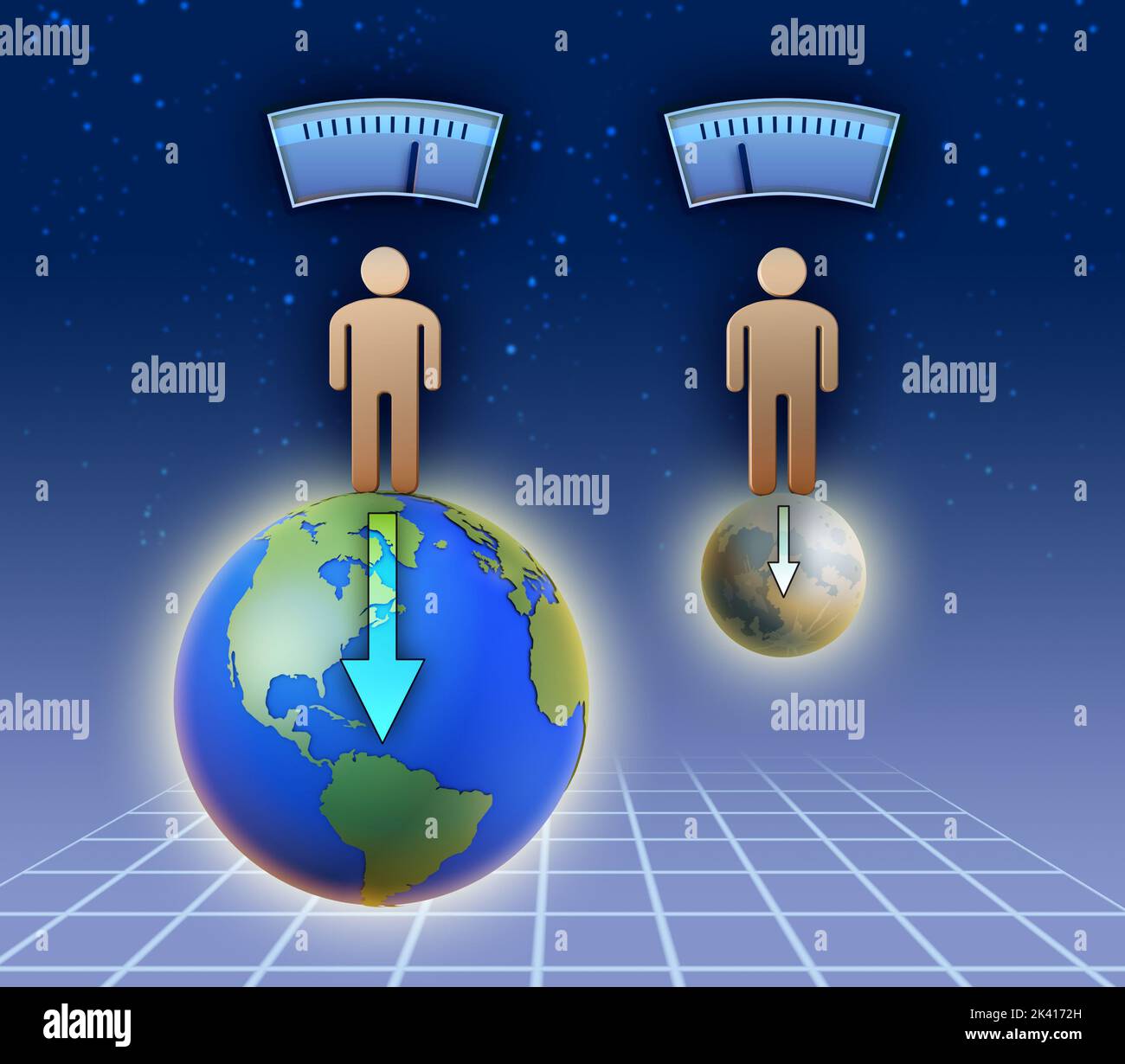 Unterschiede zwischen Masse und Gewicht. Digitale Illustration. Stockfoto