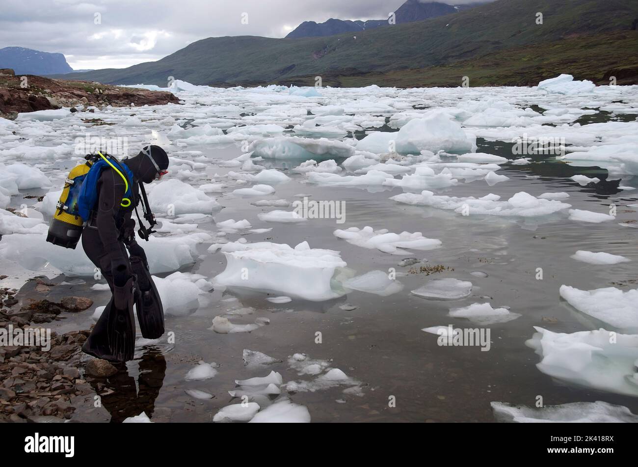 Der Eintauch an einem Bergsee, der mit kleinen Eisbergen bedeckt ist Stockfoto