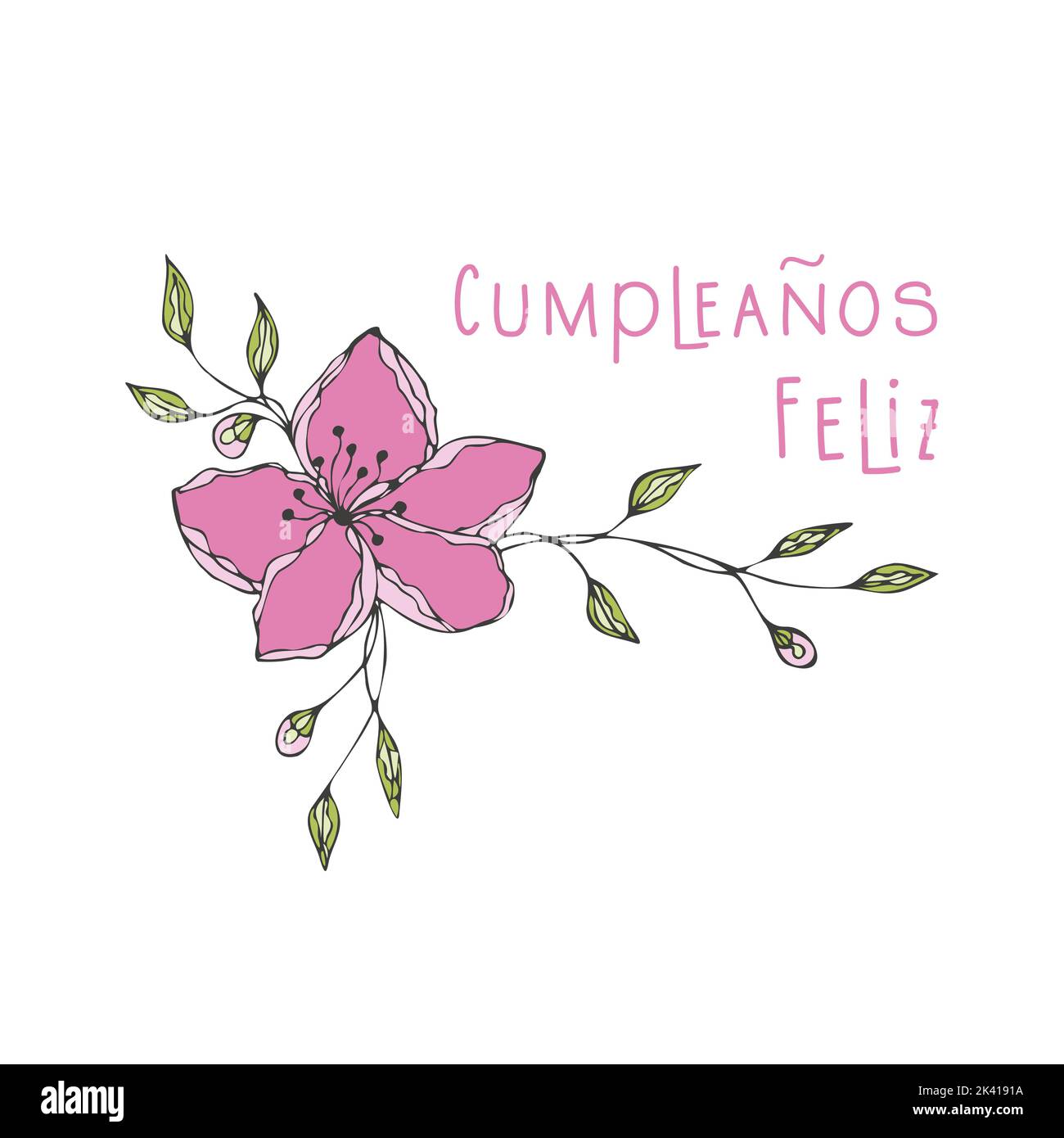 Feliz Cumpleanos Happy Birthday, in spanischer Sprache geschrieben, Blumenkritzel von Hand gezeichnet. Vektorgrafik Stock Vektor