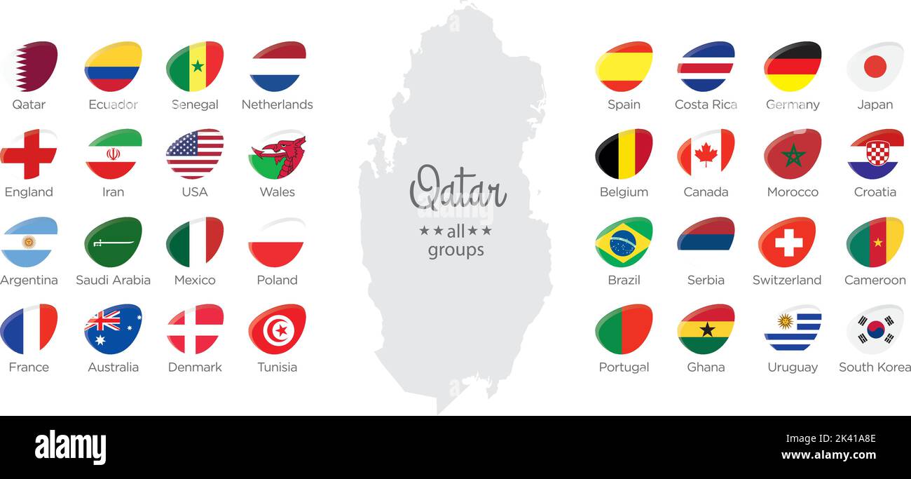 Moderne Symbolflaggen der Länder, die an der Weltmeisterschaft 2022 in Katar teilnehmen, von Gruppen Stock Vektor