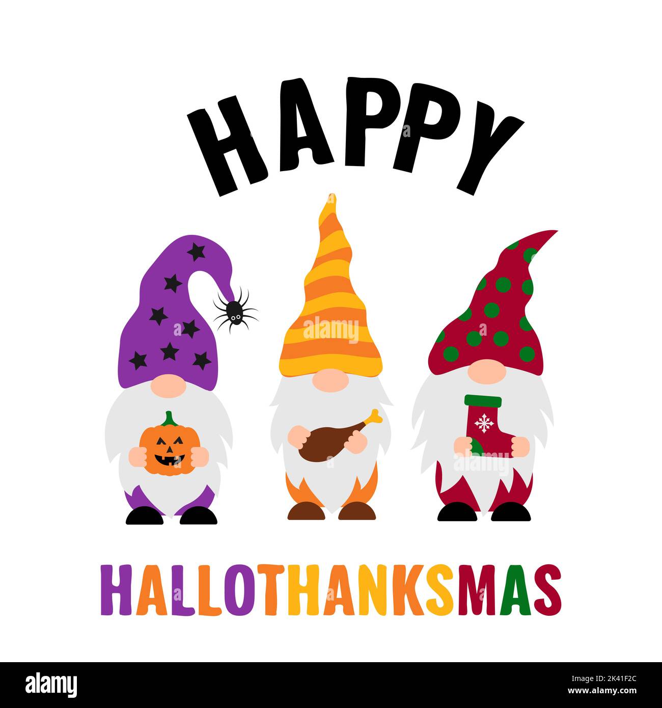 Happy Hallodhanksmas. Niedliche Halloween Thanksgiving Weihnachtsgnome. Vektor-Vorlage für Typografie Poster, Banner, Postkarte, Hemd, etc. Stock Vektor