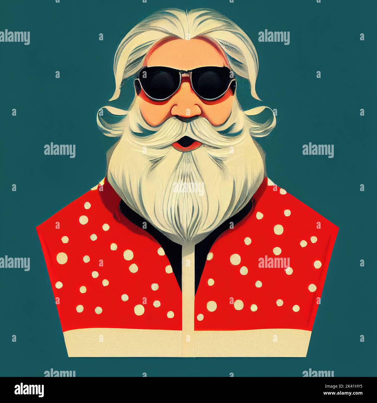 Moderne Santa Claus Porträt isoliert in grünen Hintergrund.Frohe Weihnachten Grußkarte Vater Weihnachten. Weißer Bart, Schnurrbart, Sonnenbrille und Weihnachtshut. M Stockfoto