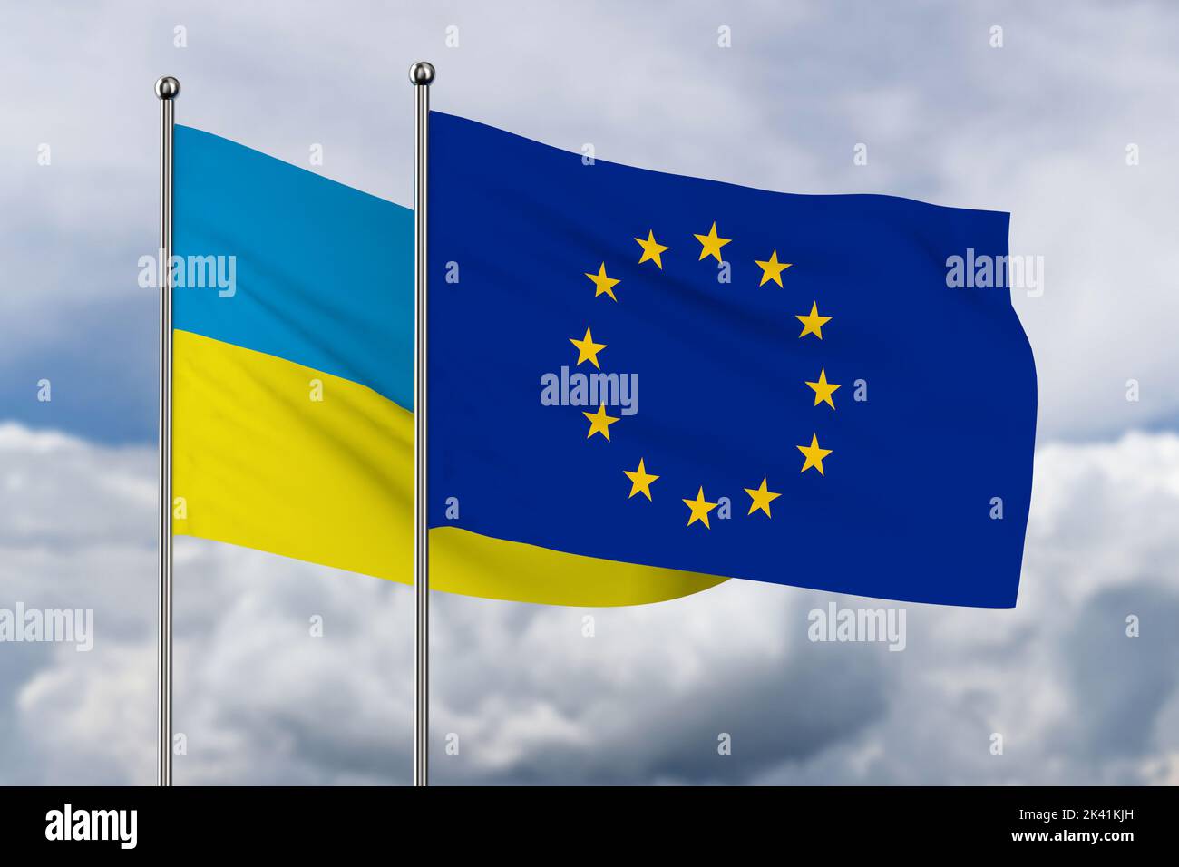 ukrainische und EG-Flagge auf Himmelshintergrund. 3D Abbildung Stockfoto