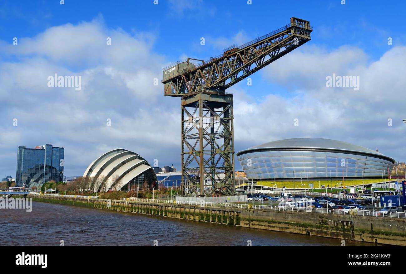 Glasgow Exhibition Centre, Hydro & Clydeport Finnieston Crane, Glasgow City, Glasgow, Schottland, Vereinigtes Königreich, G3 8LD Stockfoto