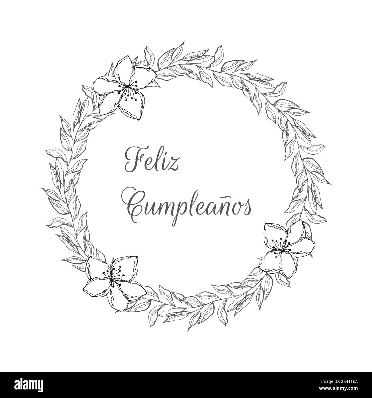 Feliz Cumpleanos Happy Birthday, in spanischer Sprache geschrieben, Kritzelblumen-Kranz, Kontur von Hand gezeichnet. Vektorgrafik Stock Vektor