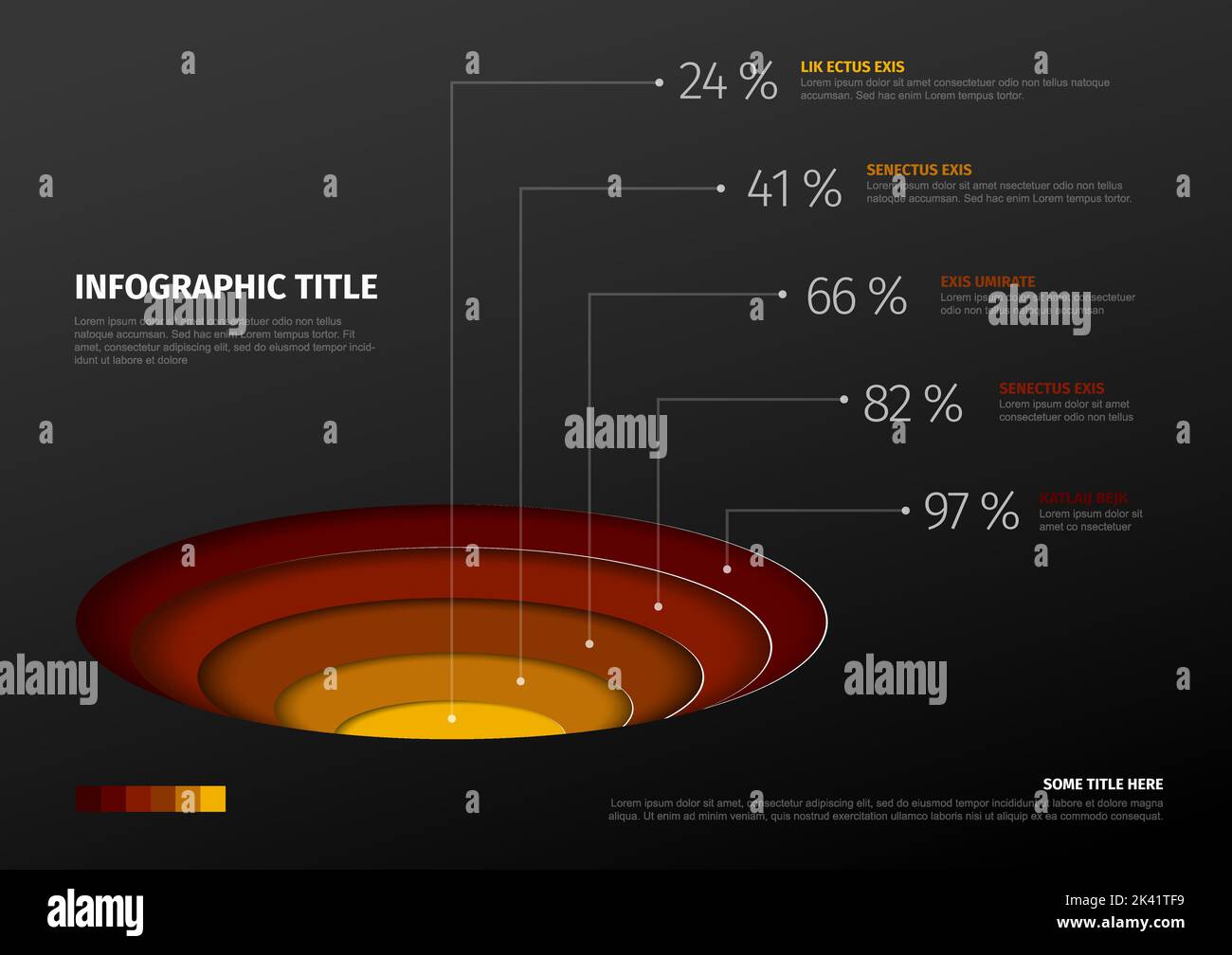 Vektor-Infografik Kreis Ebenen Vorlage mit fünf Ebenen Volumen teilen Kreise - rot bis heiß gelb Farbvorlage mit dunklem Hintergrund und Prozentsatz Stock Vektor