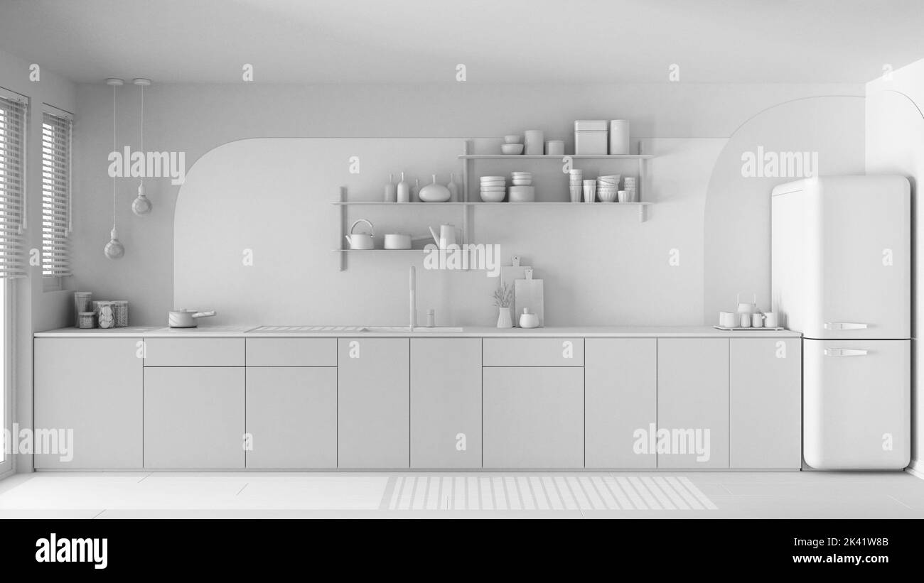 Total White Projekt Entwurf, moderne moderne Küche, Holzschränke, Waschbecken mit Wasserhahn und Induktionskochfeld, Kühlschrank. Regale mit Keramik. Windo Stockfoto
