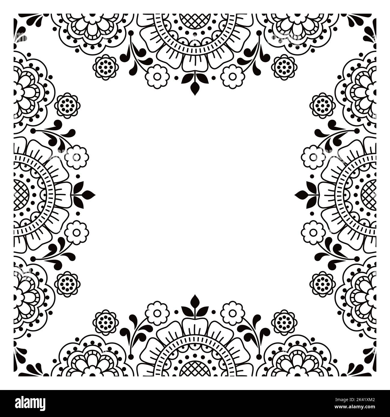 Skandinavische oder nordische Volkskunst Stil Blumenumriss Vektor Grußkarte oder Hochzeit Einladung Muster in sqaure in schwarz und weiß Stock Vektor