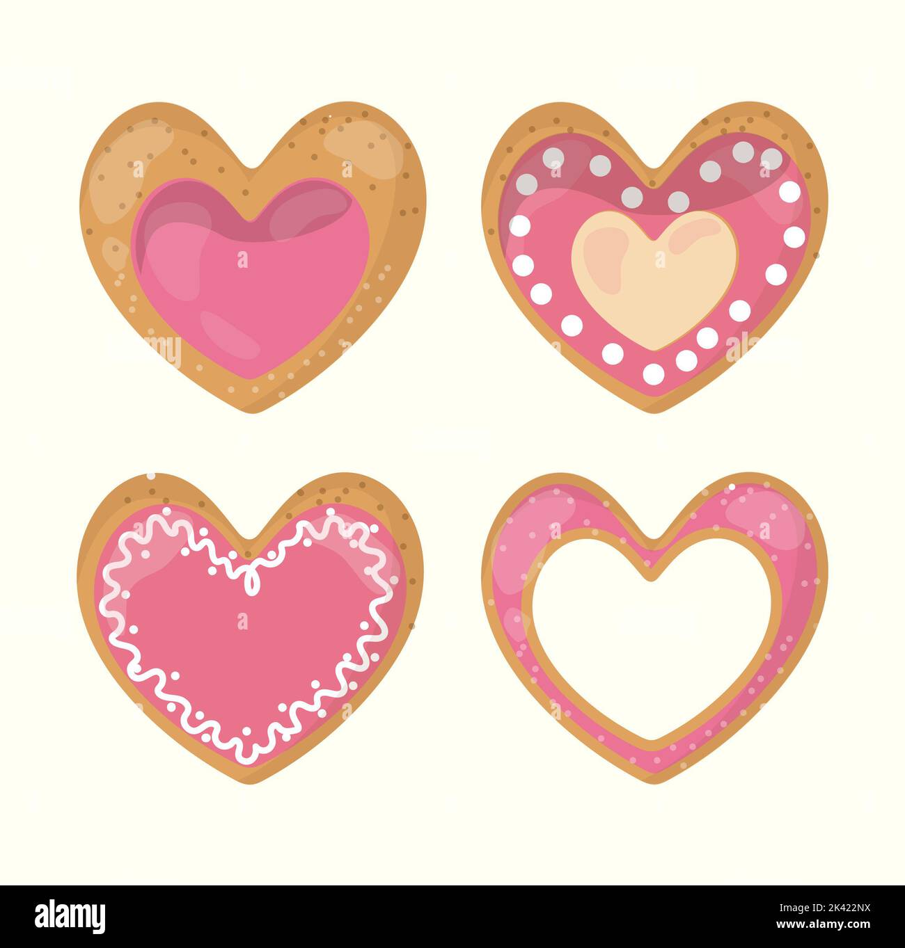 Vector Set von verschiedenen Cookies in Form von Herzen mit Schokolade und rosa Glasur verziert bedeckt Stockfoto