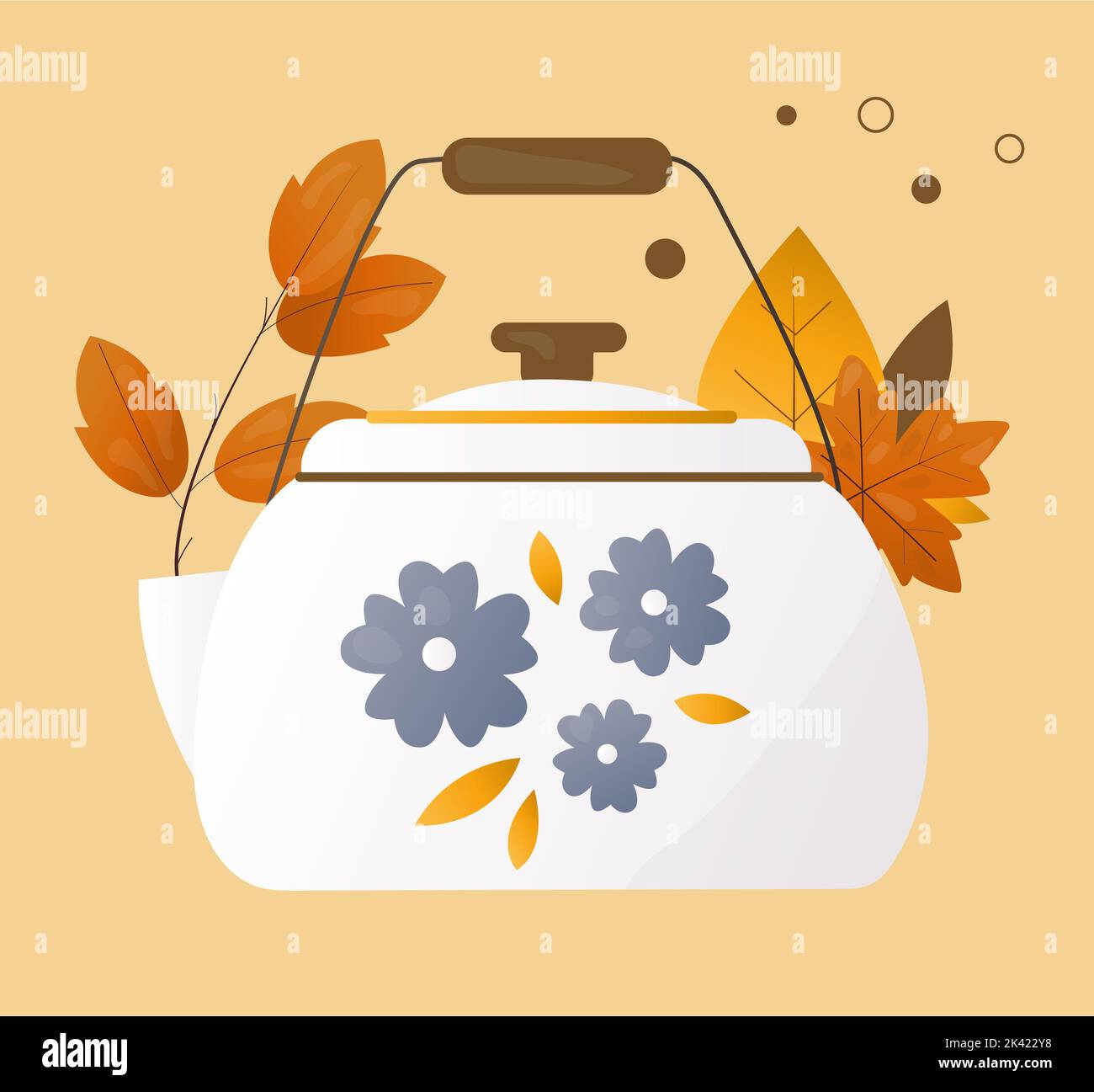Weiße Teekane mit blauen Blüten, verziert mit Herbstblättern Stockfoto