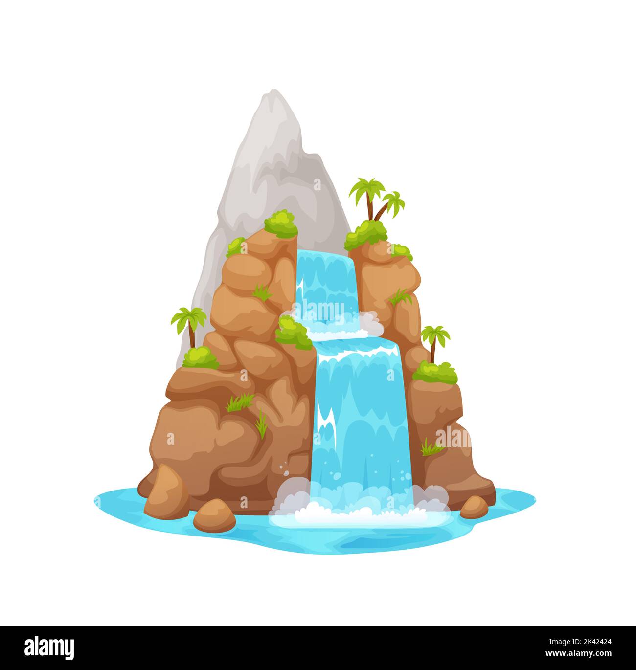 Dschungel Fluss Wasserfall, Berg Cartoon Wasser Kaskade. Tropische Insel Berg Wasser Kaskade fallen von Klippe Umwelt Vermögenswert, Regenwald Wasserfall Vektor Hintergrund mit Vulkan Gipfel Stock Vektor