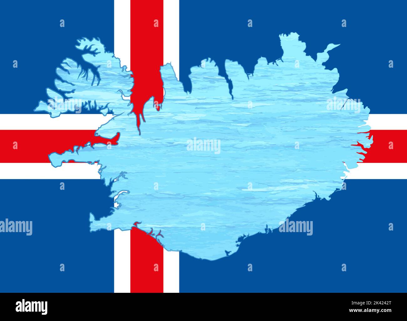 Übersichtskarte von Island mit dem Bild der Nationalflagge. Eis in der Karte. Collage. Energiekrise. Stockfoto