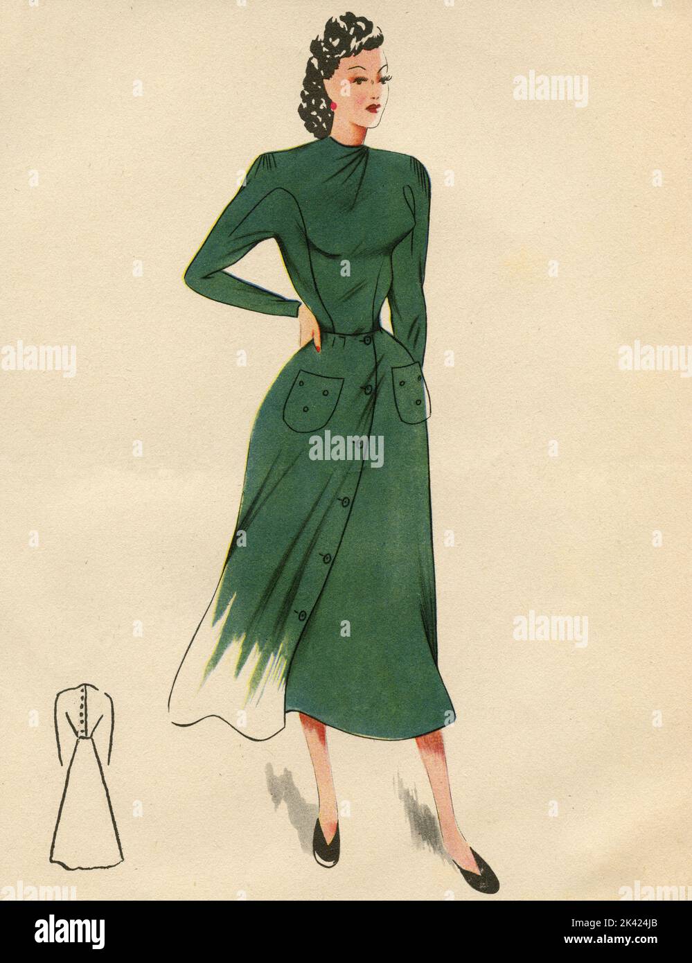 Frau Mode Illustration Zeichnung: Skizze von Kleidung und Accessoires, Italien 1940s Stockfoto