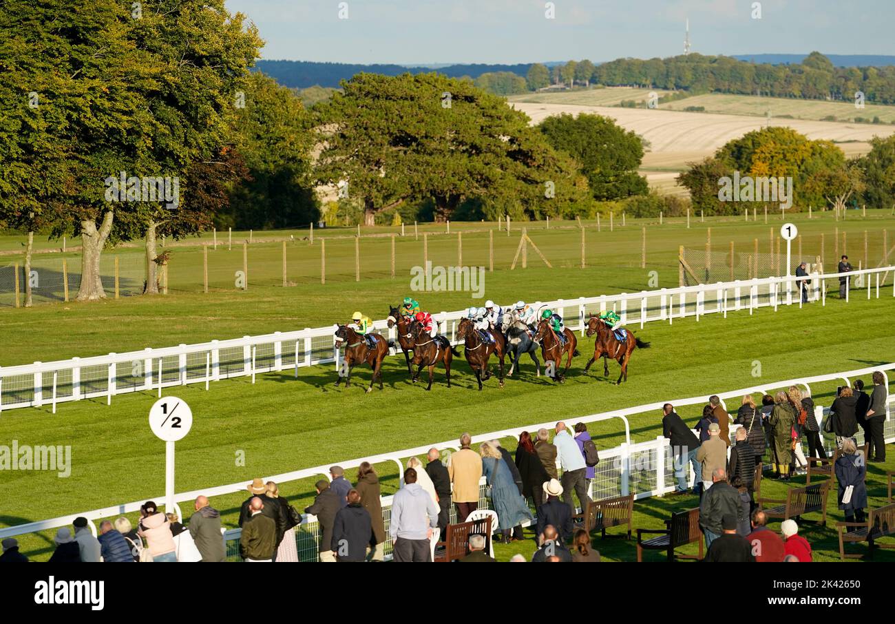 Läufer und Reiter in Aktion während des Weatherbys Hengst Book Handicap auf der Salisbury Racecourse. Bilddatum: Donnerstag, 29. September 2022. Stockfoto