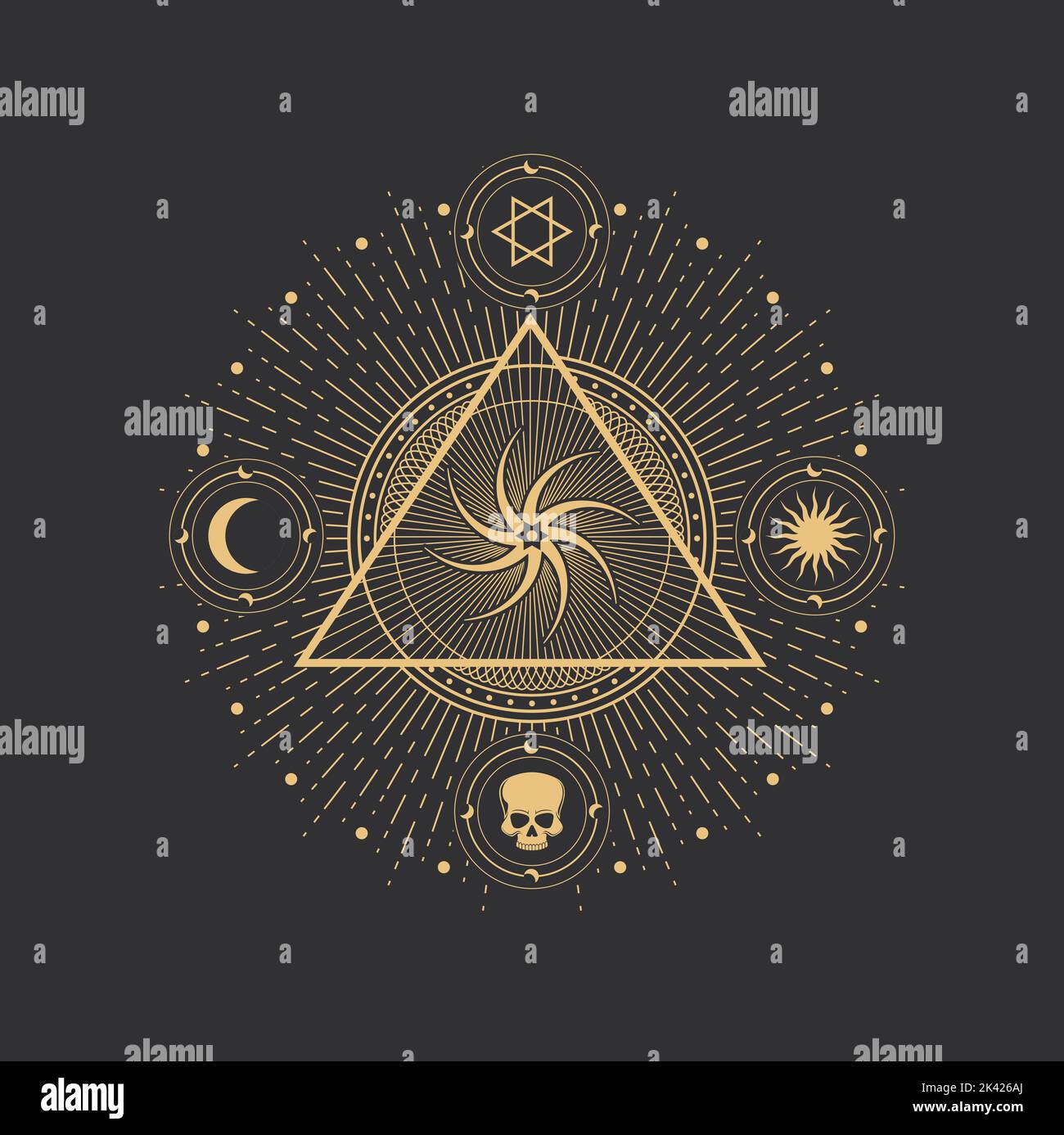 Pentagramm-Symbol, magischer okkulter und esoterischer Stern und Kreis in Vektorpyramide. Alchemie und Tarot-Symbol von Mond, Sonne und Schädel-Ikonen in mystischem Goldrad in Dreieck, Astrologie und verängstigte Geometrie Stock Vektor