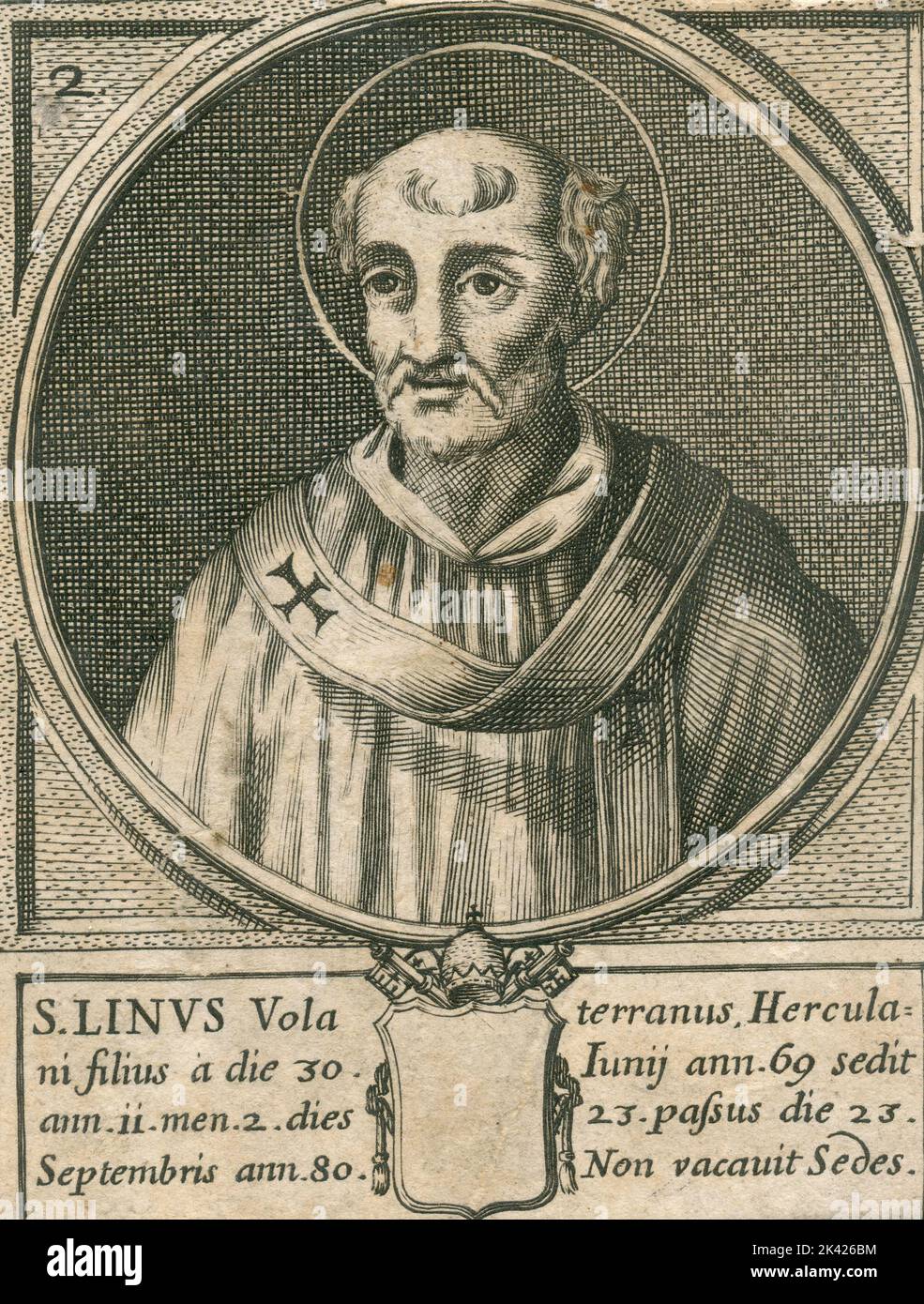 Porträt des heiligen Papstes Linus, Stich aus dem Summorum Romanorum Pontificum von Giovanni Giacomo de' Rossi, 1675 Stockfoto
