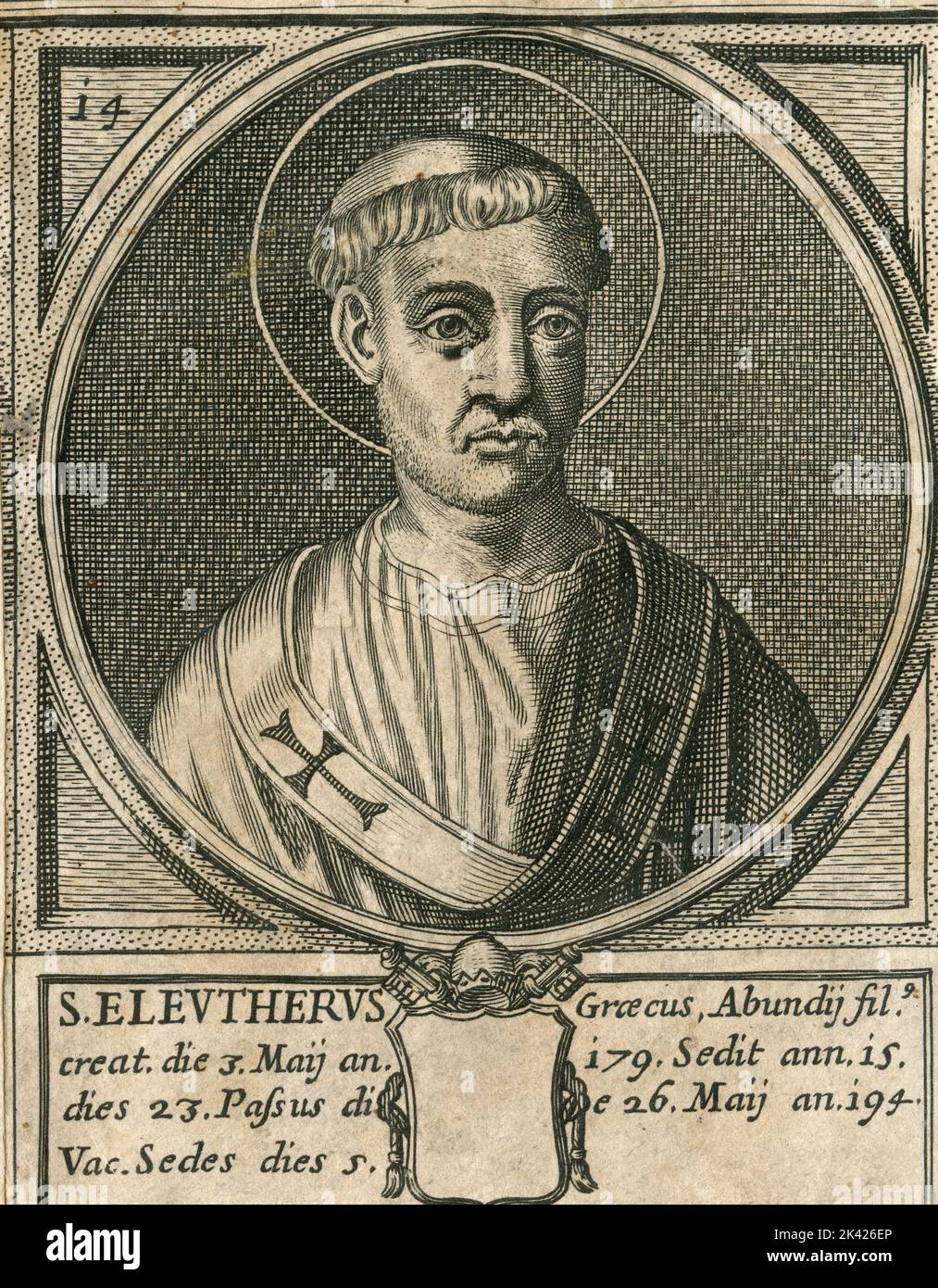 Porträt des heiligen Papstes Eleutherius, Stich aus dem Summorum Romanorum Pontificum von Giovanni Giacomo de' Rossi, 1675 Stockfoto