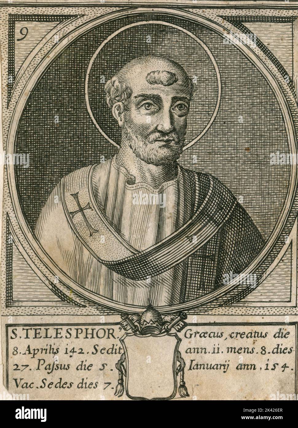 Porträt des heiligen Papstes Telesphorus, Stich aus dem Summorum Romanorum Pontificum von Giovanni Giacomo de' Rossi, 1675 Stockfoto