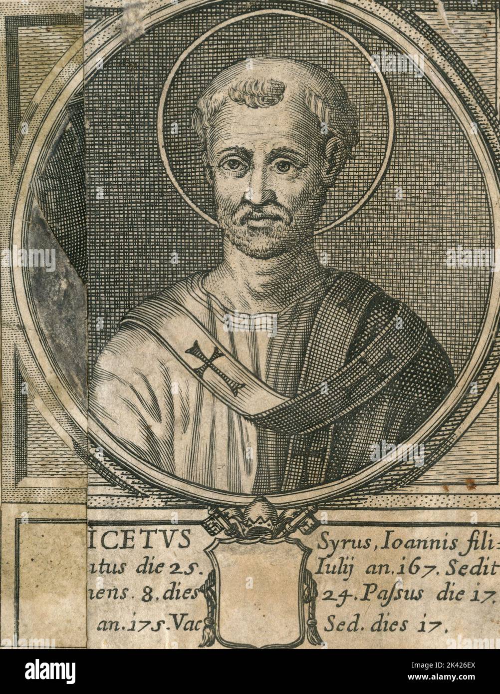 Porträt des heiligen Papstes Anicetus, Stich aus dem Summorum Romanorum Pontificum von Giovanni Giacomo de' Rossi, 1675 Stockfoto