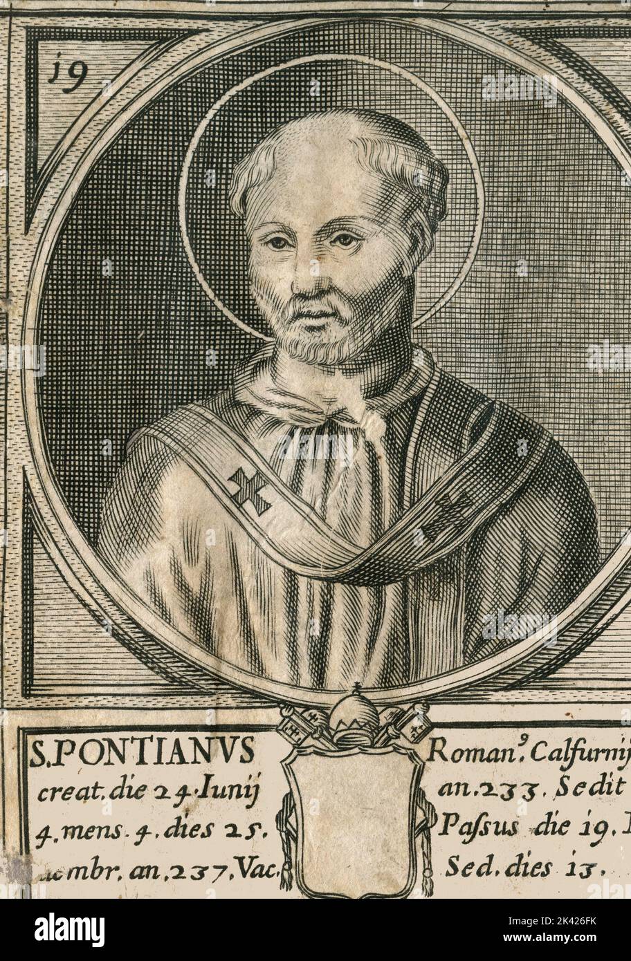Porträt des heiligen Papstes Pontianus, Stich aus dem Summorum Romanorum Pontificum von Giovanni Giacomo de' Rossi, 1675 Stockfoto