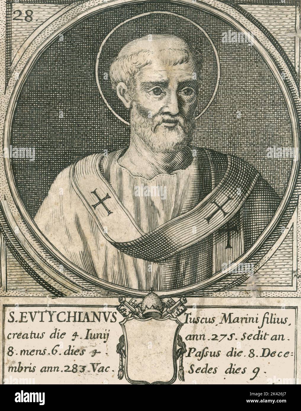 Porträt des heiligen Papstes Eutychianus, Stich aus dem Summorum Romanorum Pontificum von Giovanni Giacomo de' Rossi, 1675 Stockfoto