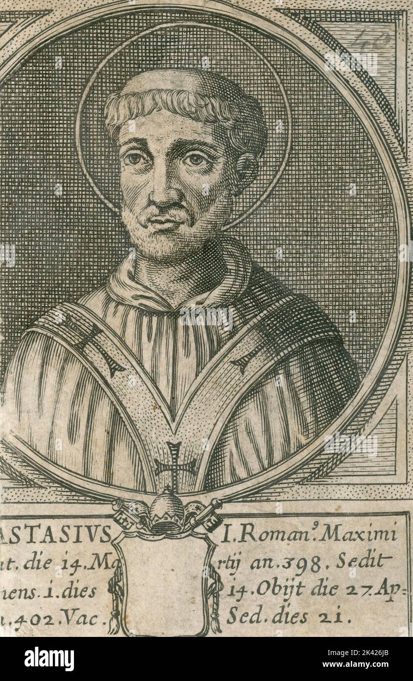 Porträt des heiligen Papstes Anastasius I., Stich aus dem Summorum Romanorum Pontificum von Giovanni Giacomo de' Rossi, 1675 Stockfoto