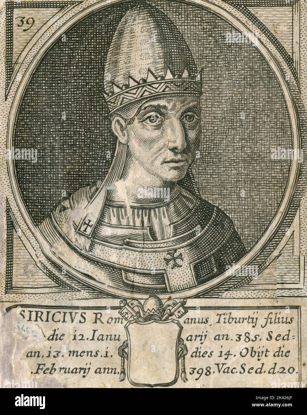 Porträt des heiligen Papstes Siricius, Stich aus dem Summorum Romanorum Pontificum von Giovanni Giacomo de' Rossi, 1675 Stockfoto