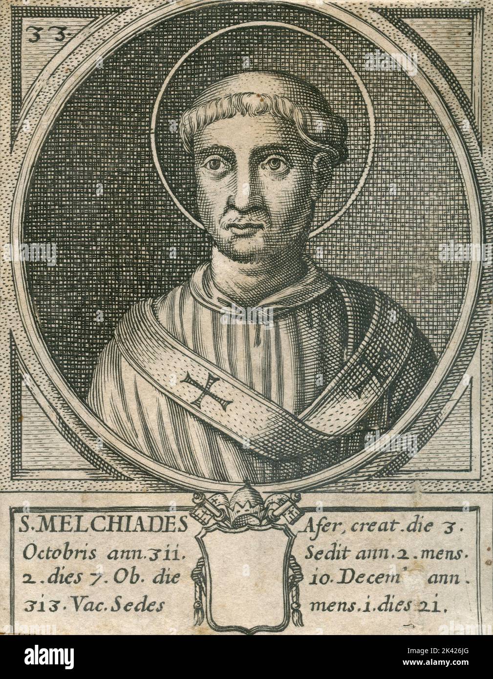 Porträt des heiligen Papstes Melchiades, Stich aus dem Summorum Romanorum Pontificum von Giovanni Giacomo de' Rossi, 1675 Stockfoto