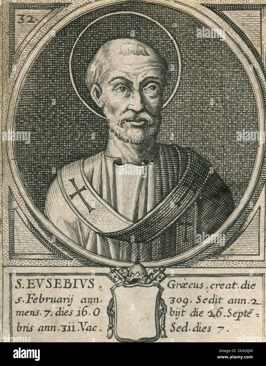 Porträt des heiligen Papstes Eusebius, Stich aus dem Summorum Romanorum Pontificum von Giovanni Giacomo de' Rossi, 1675 Stockfoto