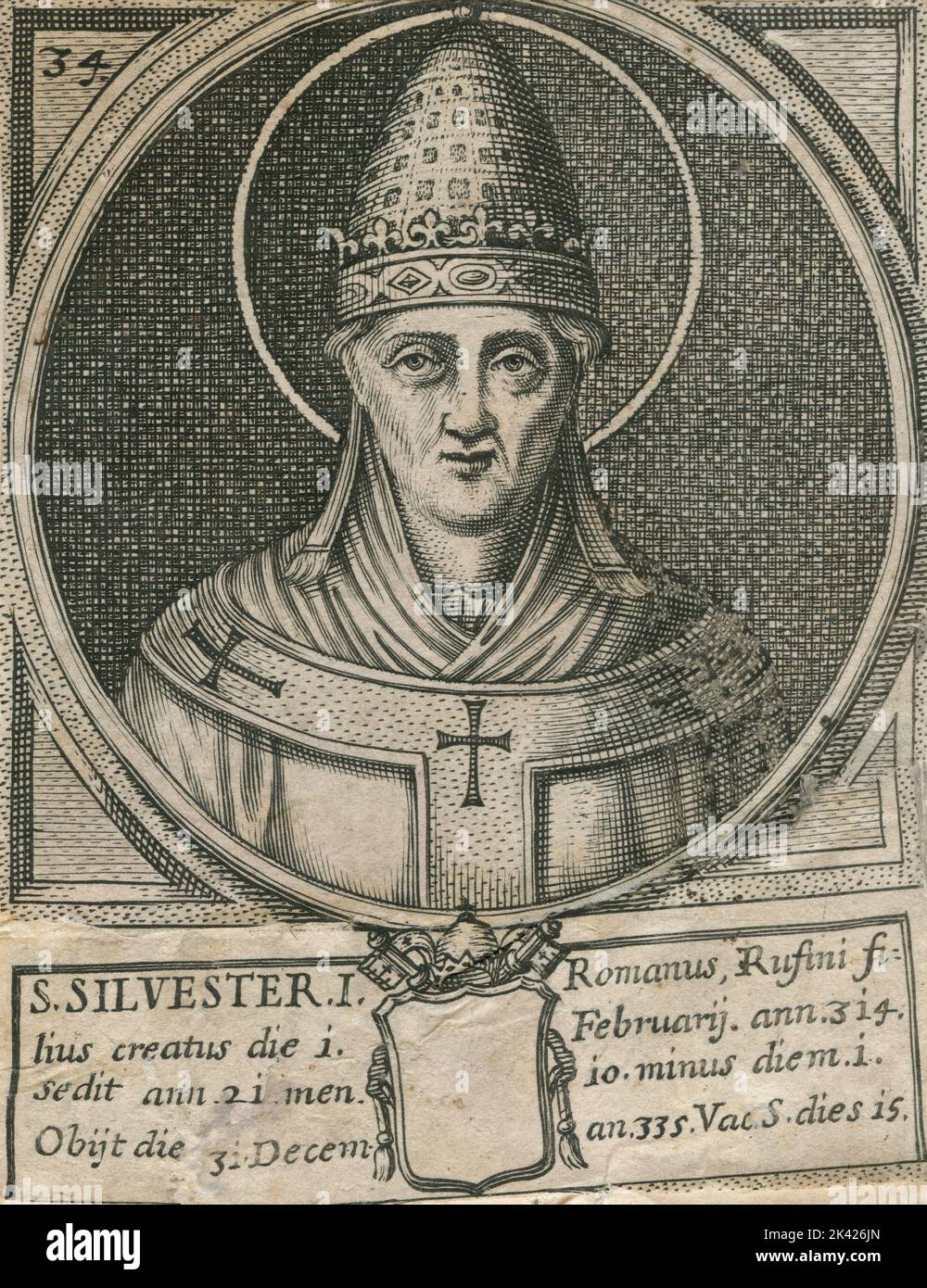 Porträt des heiligen Papstes Sylvester I, Stich aus dem Summorum Romanorum Pontificum von Giovanni Giacomo de' Rossi, 1675 Stockfoto