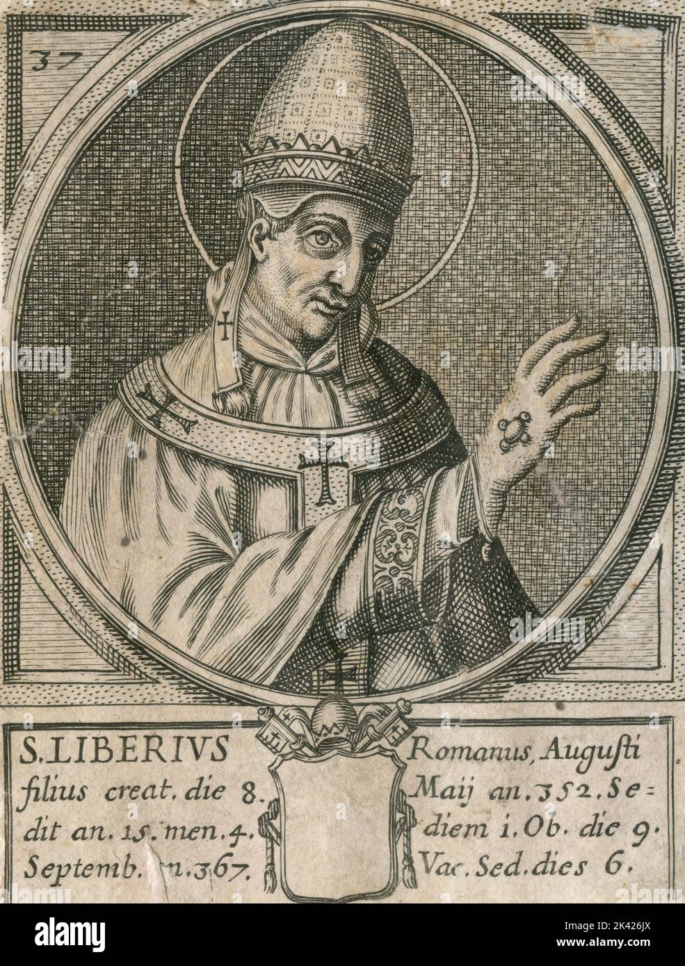 Porträt des heiligen Papstes Liberius, Stich aus dem Summorum Romanorum Pontificum von Giovanni Giacomo de' Rossi, 1675 Stockfoto