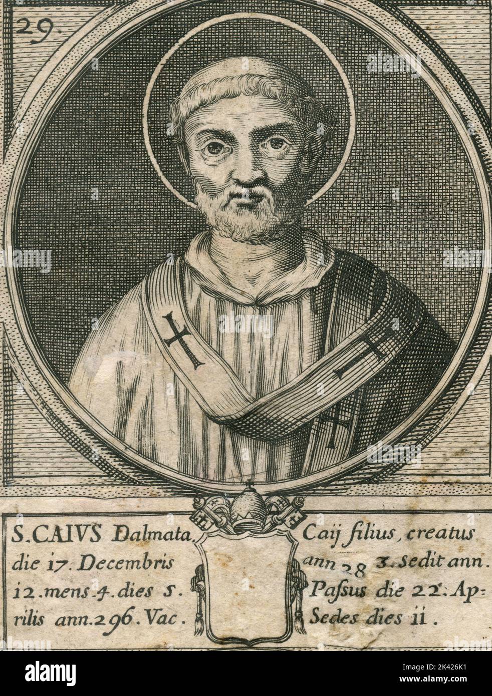 Porträt des heiligen Papstes Caius, Stich aus dem Summorum Romanorum Pontificum von Giovanni Giacomo de' Rossi, 1675 Stockfoto