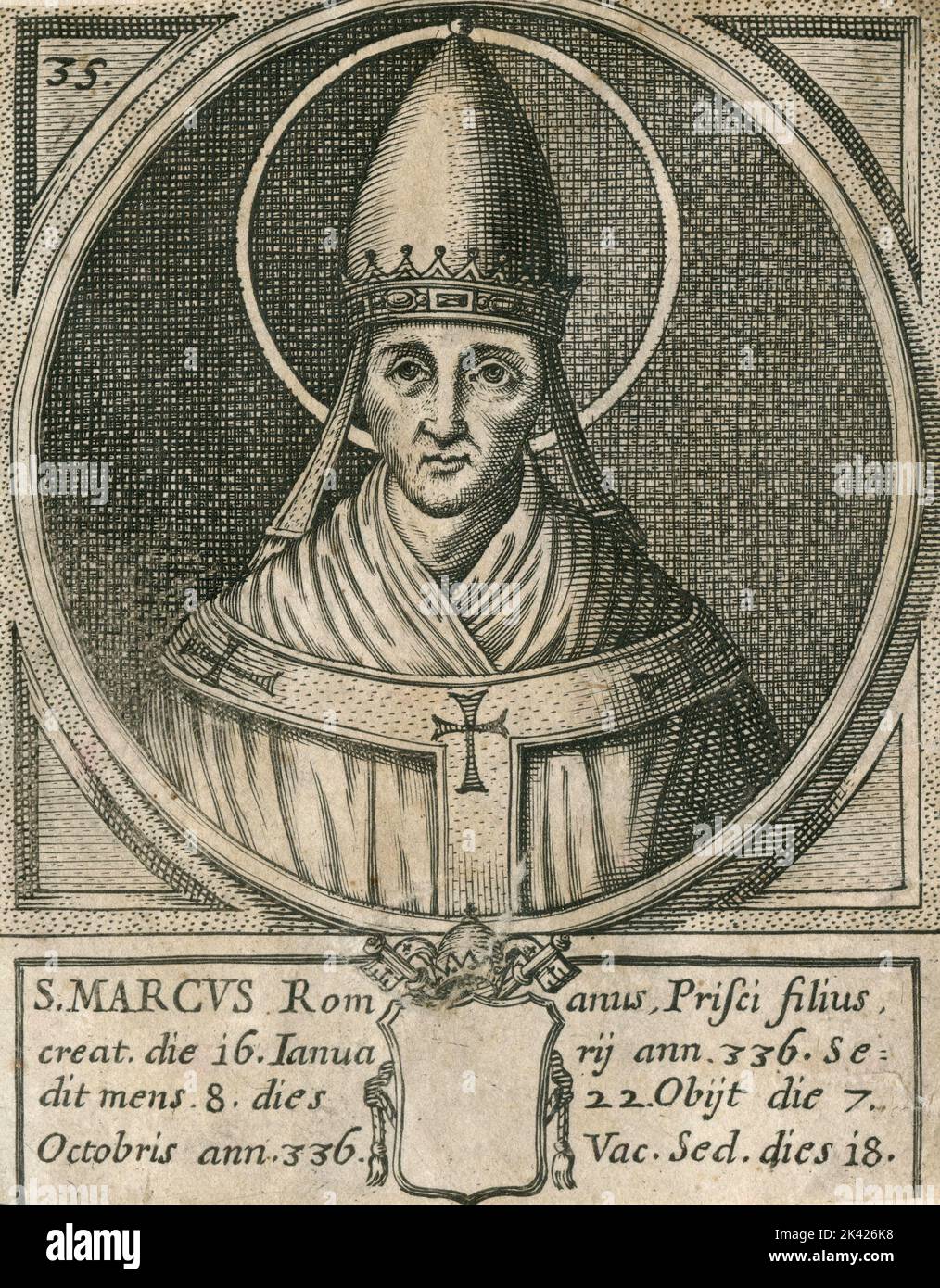 Porträt des heiligen Papstes Marcus, Stich aus dem Summorum Romanorum Pontificum von Giovanni Giacomo de' Rossi, 1675 Stockfoto