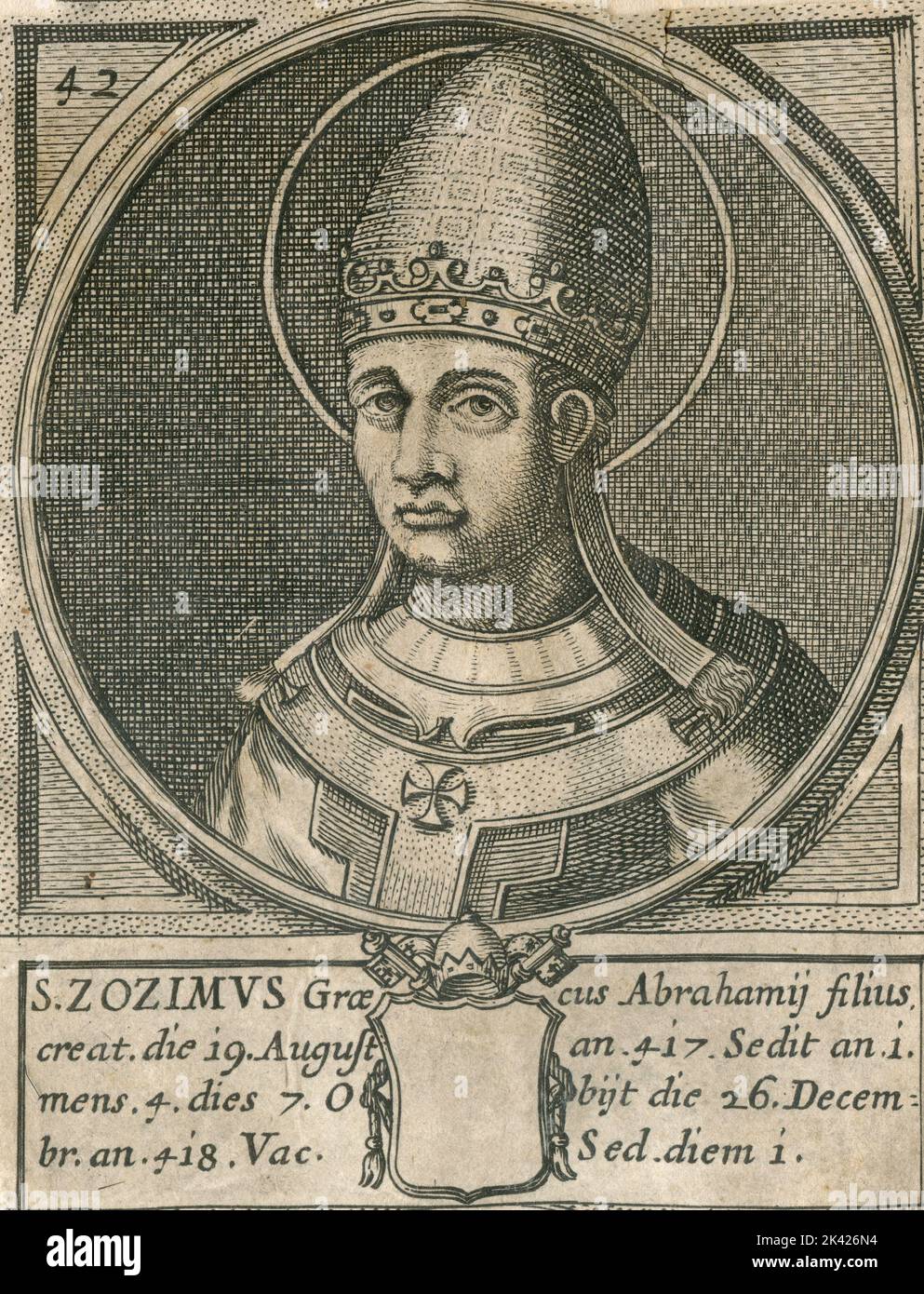 Porträt des heiligen Papstes Zosimus, Stich aus dem Summorum Romanorum Pontificum von Giovanni Giacomo de' Rossi, 1675 Stockfoto