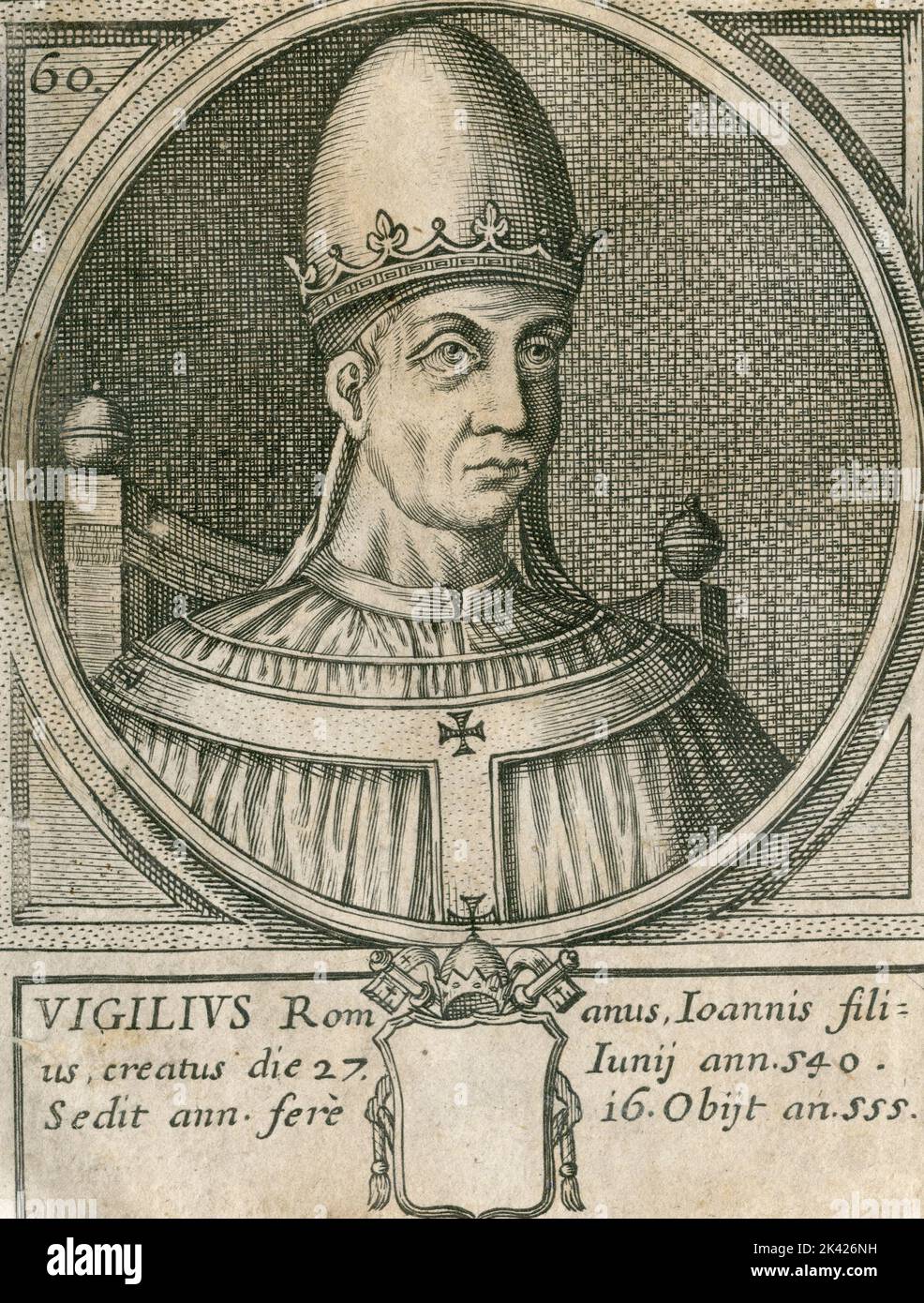 Porträt des Papstes Vigilius, Stich aus dem Summorum Romanorum Pontificum von Giovanni Giacomo de' Rossi, 1675 Stockfoto