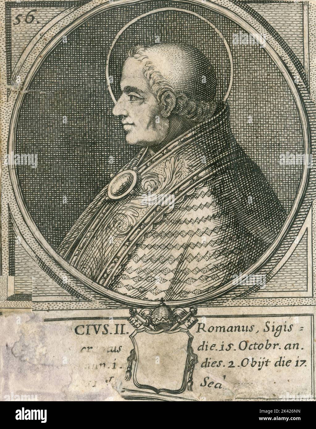 Porträt von Papst Bonifacius II., Stich aus dem Summorum Romanorum Pontificum von Giovanni Giacomo de' Rossi, 1675 Stockfoto