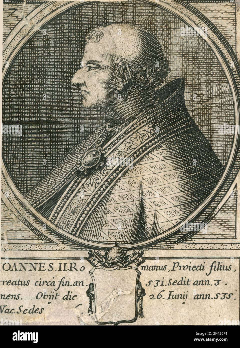 Porträt von Papst Ioannes II., Stich aus dem Summorum Romanorum Pontificum von Giovanni Giacomo de' Rossi, 1675 Stockfoto