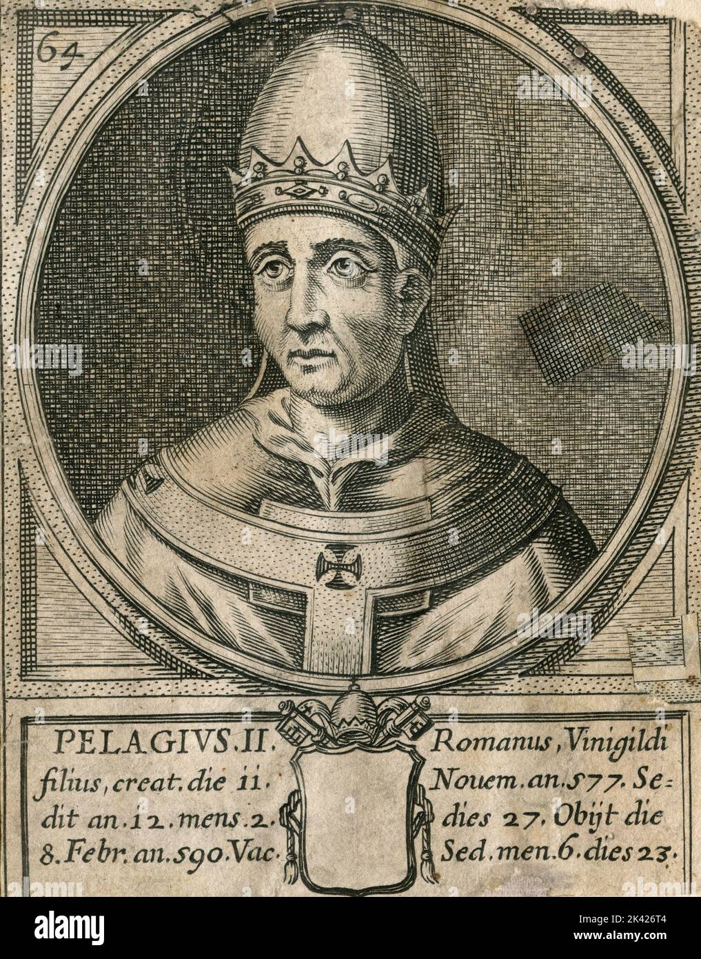 Porträt von Papst Pelagius II., Stich aus dem Summorum Romanorum Pontificum von Giovanni Giacomo de' Rossi, 1675 Stockfoto