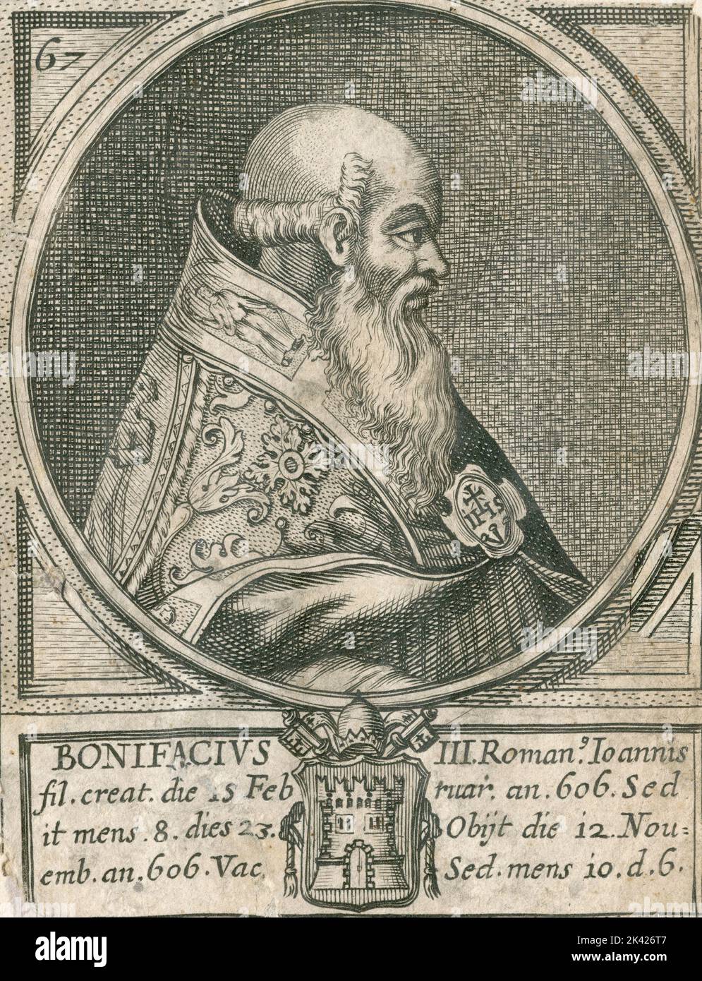 Porträt von Papst Bonifacius III., Stich aus dem Summorum Romanorum Pontificum von Giovanni Giacomo de' Rossi, 1675 Stockfoto
