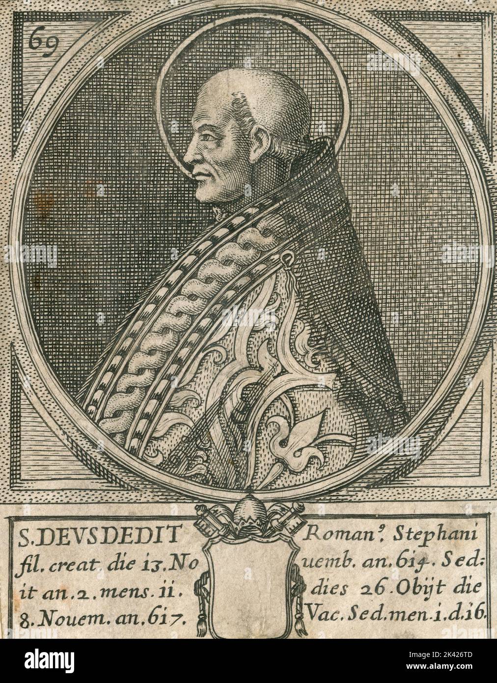 Porträt des heiligen Papstes Deusdedit, Stich aus dem Summorum Romanorum Pontificum von Giovanni Giacomo de' Rossi, 1675 Stockfoto