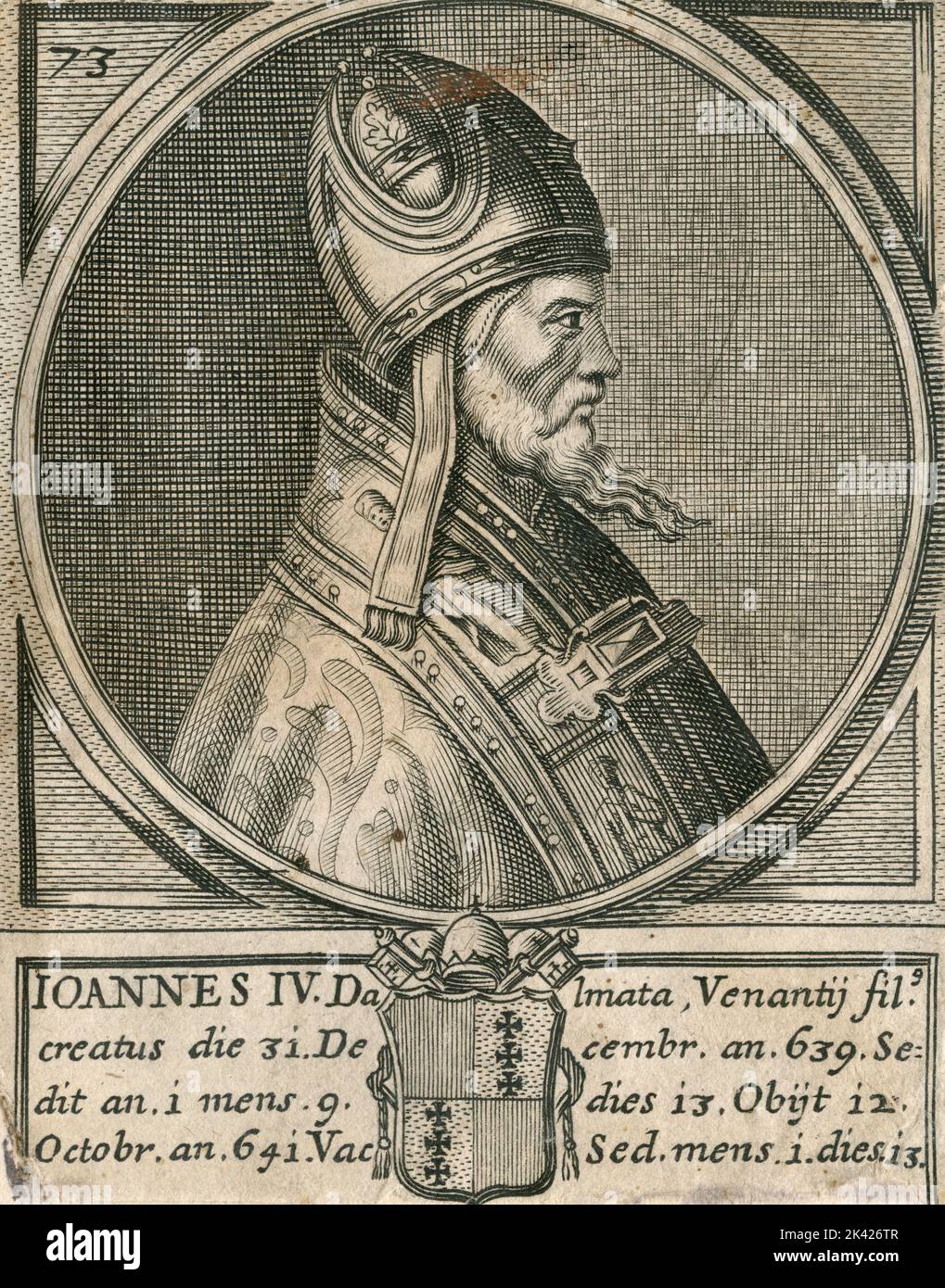 Porträt von Papst Ioannes IV., Stich aus dem Summorum Romanorum Pontificum von Giovanni Giacomo de' Rossi, 1675 Stockfoto