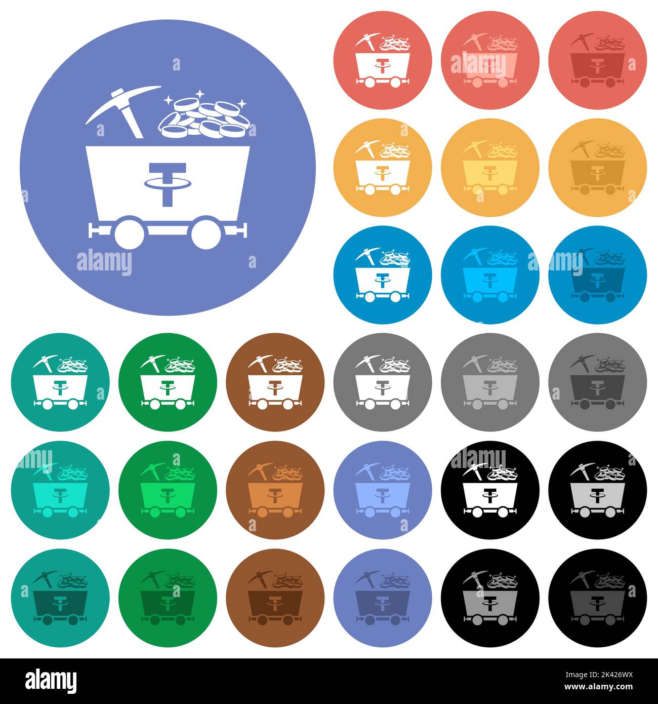 Tether Kryptowährung Mining mit Schatz mehrfarbigen flachen Symbolen auf runden Hintergründen. Inklusive weißer, heller und dunkler Symbolvarianten für schweben und Stock Vektor